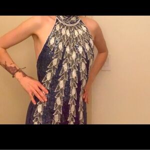 Blue and Silver Sequin Dress with Lace Detail